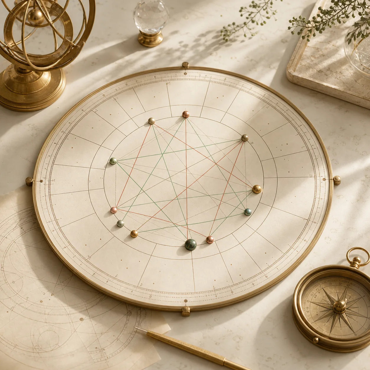 A Western chart wheel with geometric aspect lines on a light paper desk