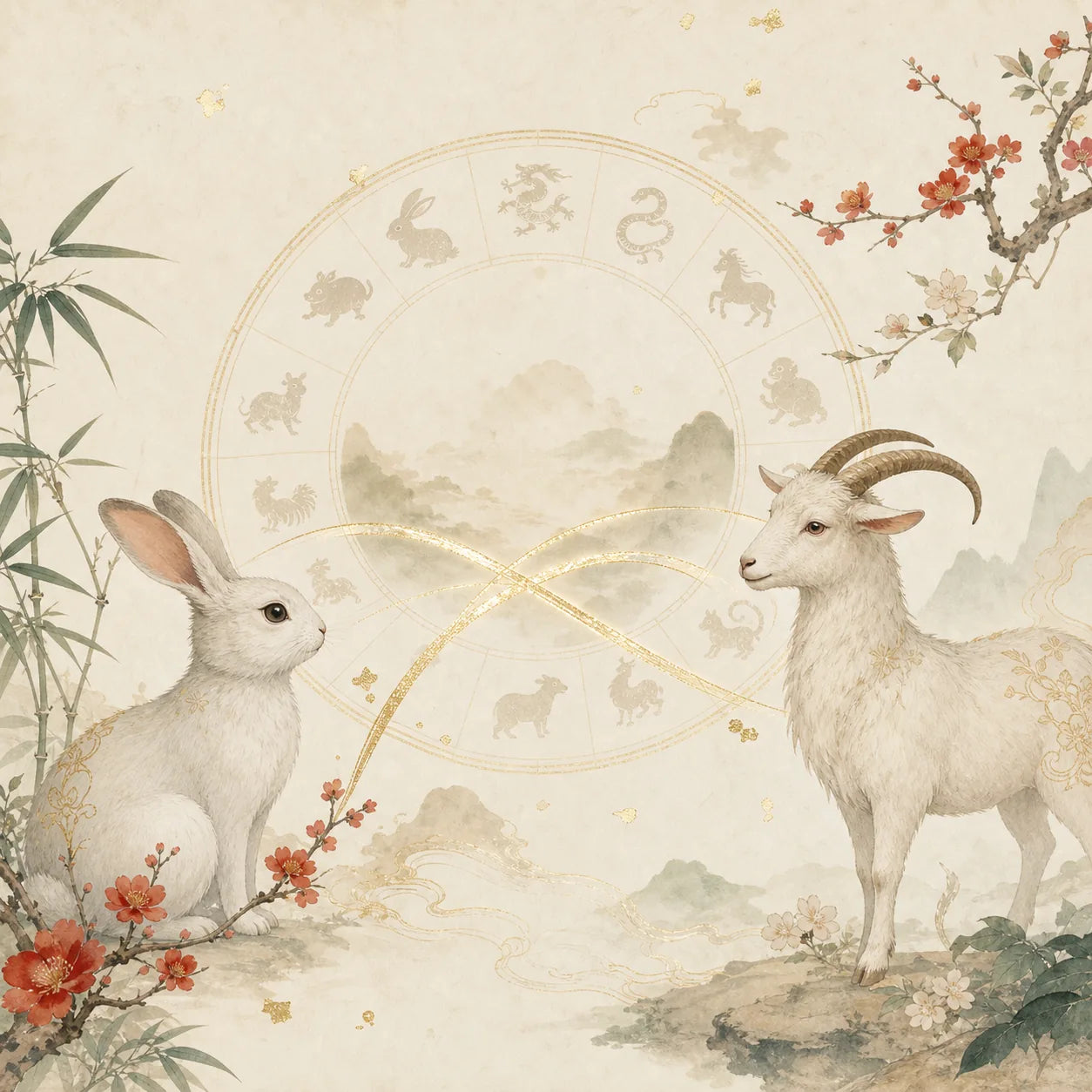 Two Chinese zodiac animals connected across a light zodiac calendar