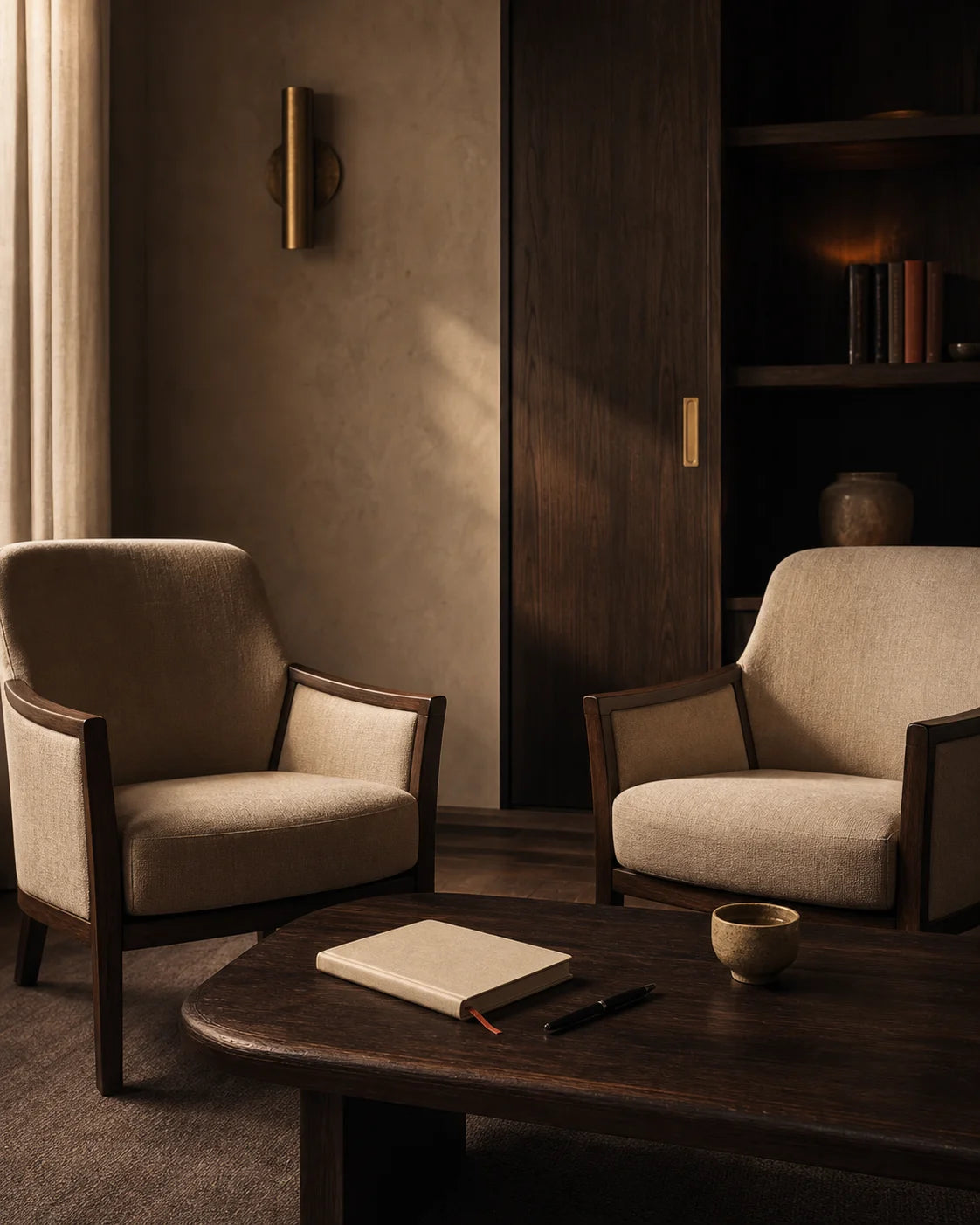 A quiet private consultation setting with two empty chairs