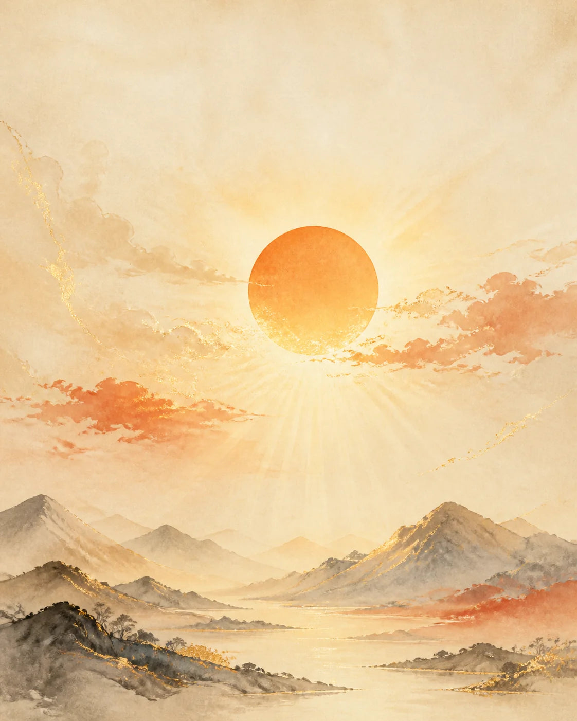 A radiant sun over mountains representing Bing Yang Fire