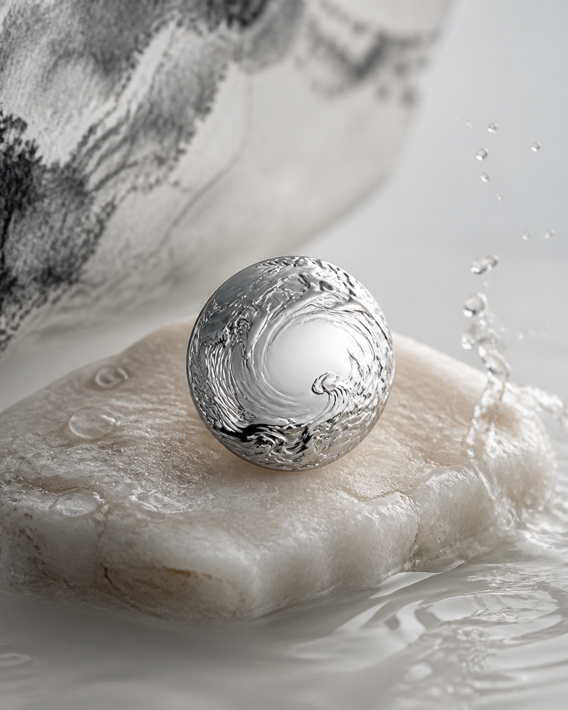 Polished silver and clear water representing Xin Yin Metal
