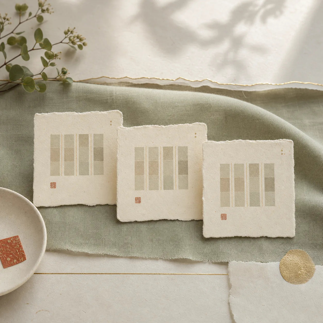 Three paper cards arranged as a Four Pillars study exercise